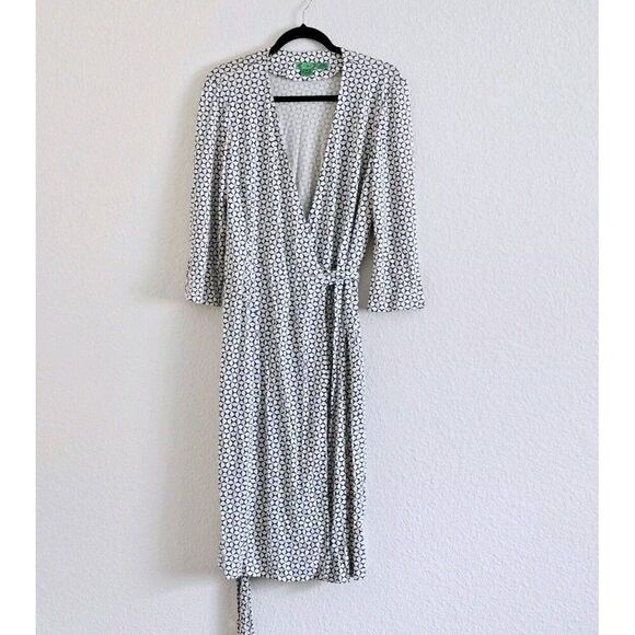 TIBI 100% Silk Dress True Wrap Blue Cream Geometric Pattern Half Sleeve Size 10 - Picture 7 of 7